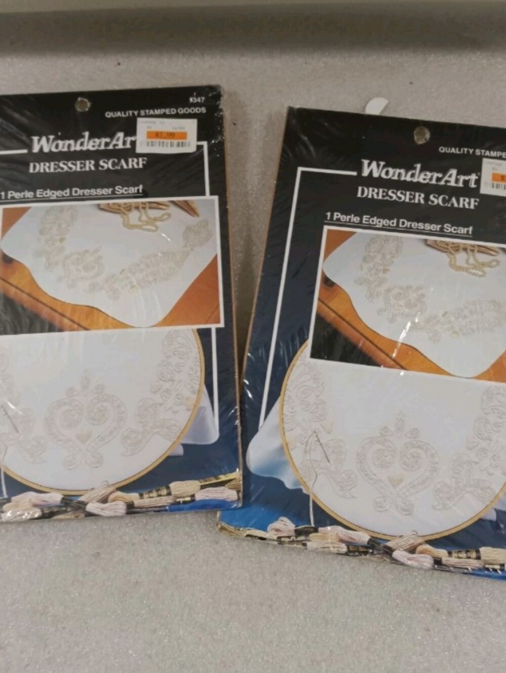 2 Fleur De Lis Wonder Art Stamped Cross Stitch Perle Edged Dresser Scarf #1347